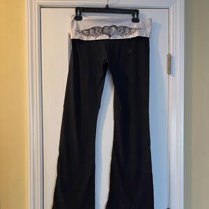 Le Donne Black Cotton Stretch White Crystal Fold Over Full Length Yoga/Gym Pants
